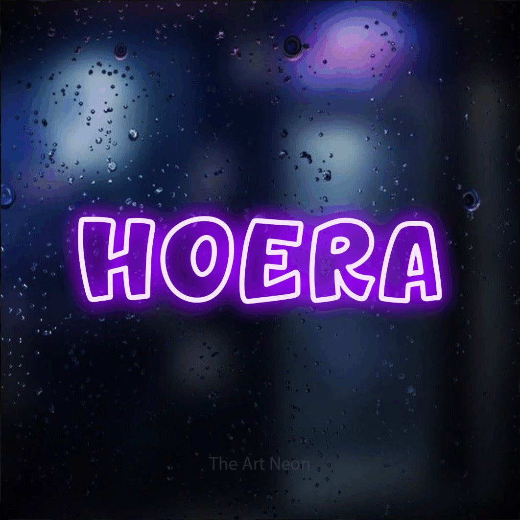 LED neon sign reading “hoera”, arranged in a single line.
