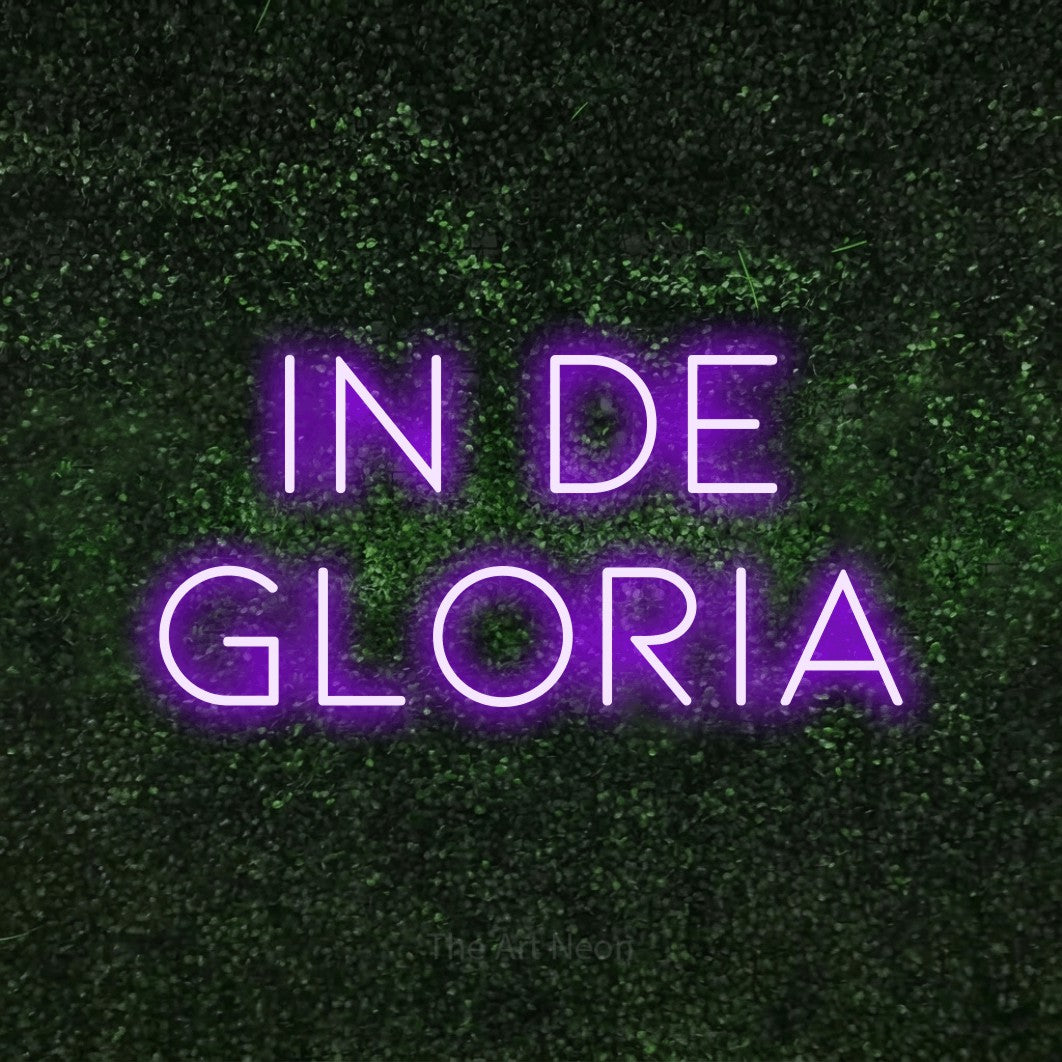 LED neon sign reading “IN DE GLORIA”, arranged in 2 lines.