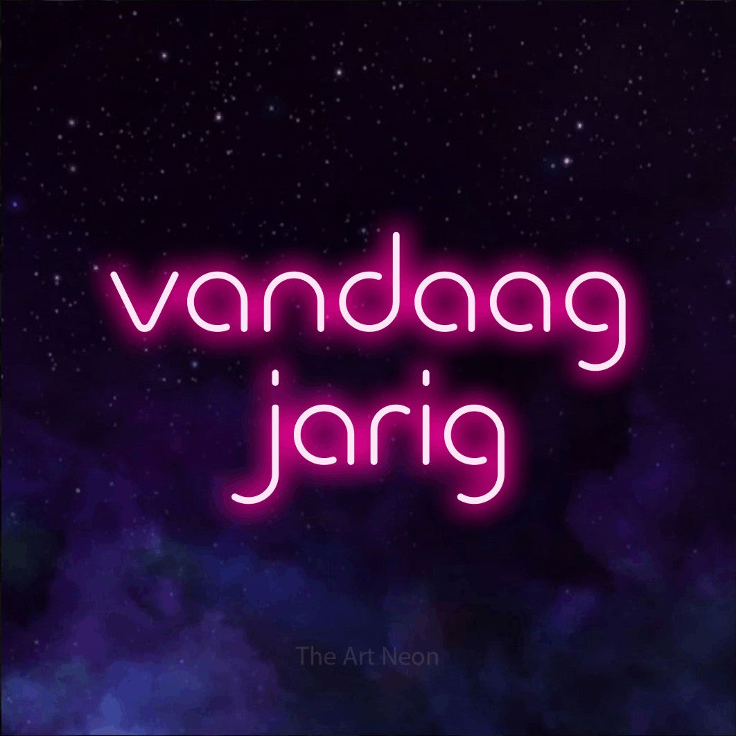 LED neon sign reading “vandaag jarig”, arranged in 2 lines.