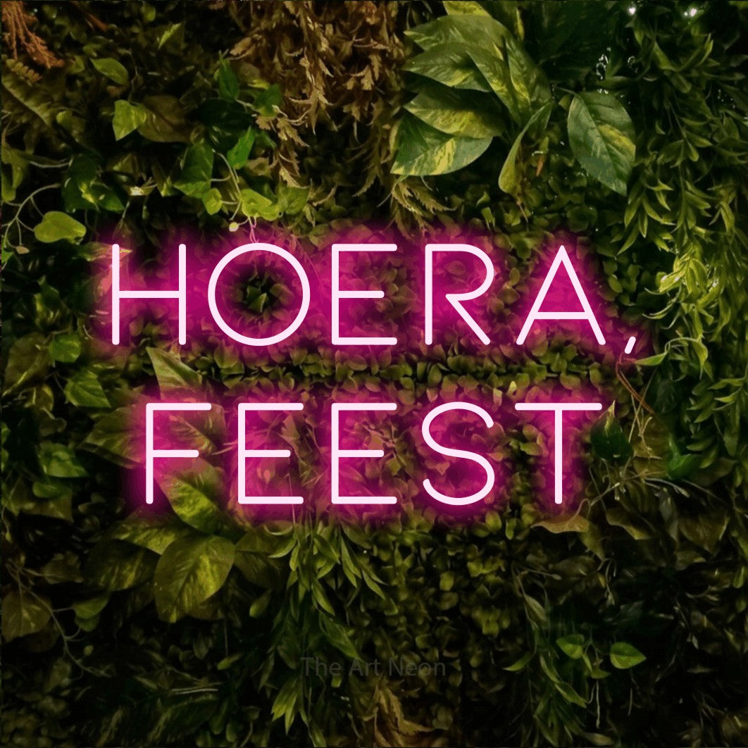 LED neon sign reading “HOERA, FEEST”, arranged in 2 lines.