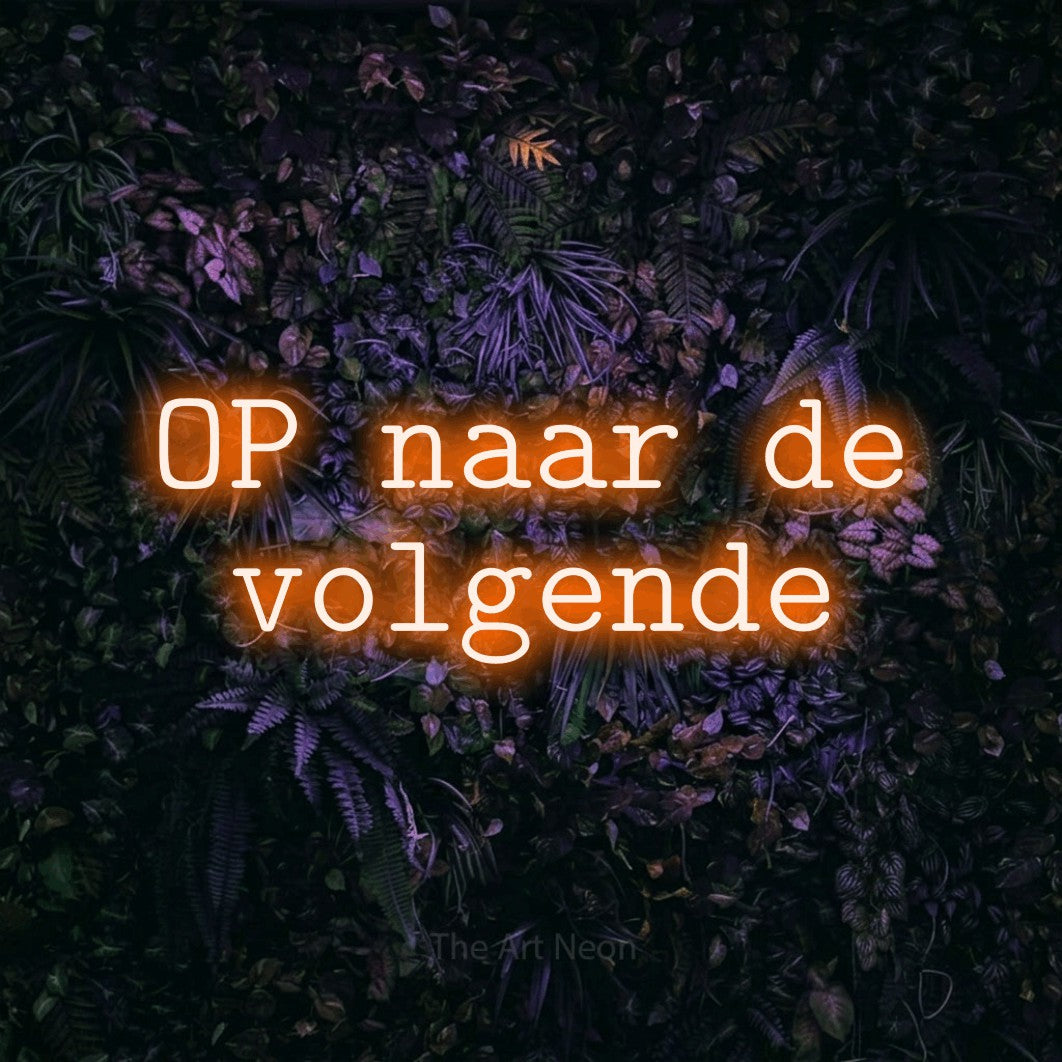 LED neon sign reading “OP naar de volgende”, arranged in 2 lines.