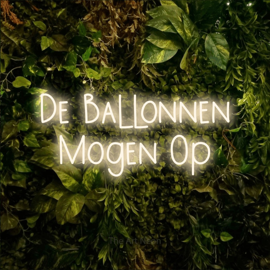LED neon sign reading “De Ballonnen Mogen Op”, arranged in 2 lines.