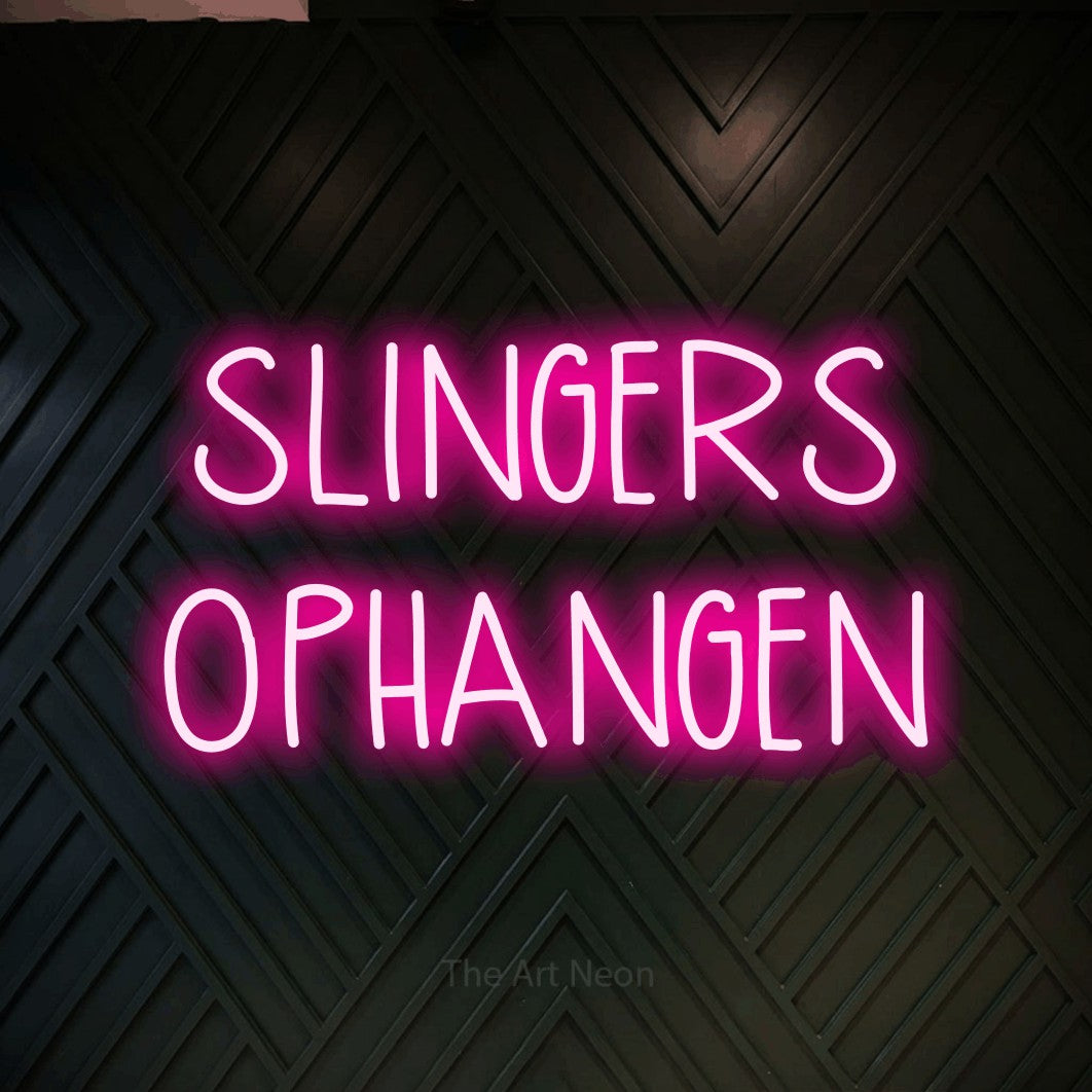 LED neon sign reading “SLINGERS OPHANGEN”, arranged in 2 lines.