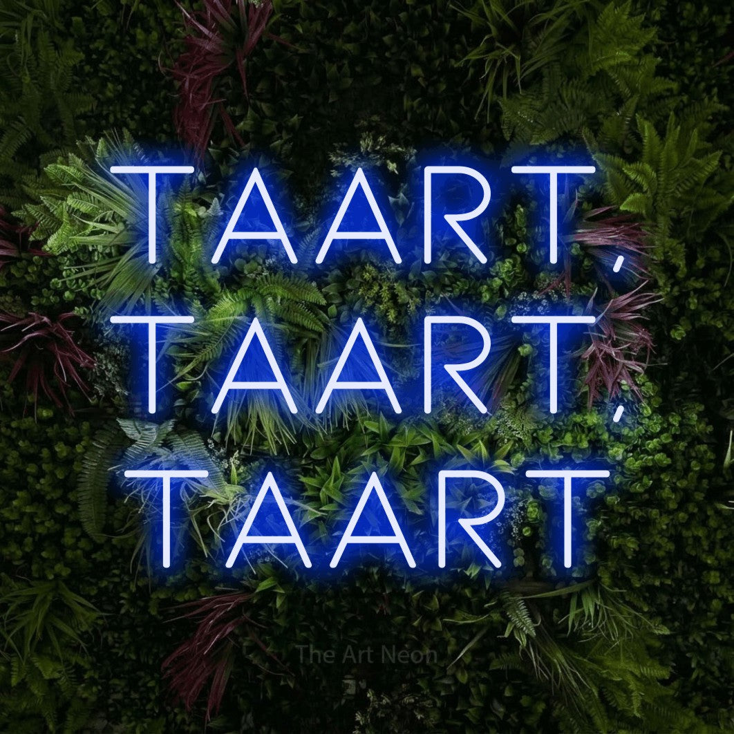 LED neon sign reading “Taart, Taart, Taart”, arranged in 3 lines.