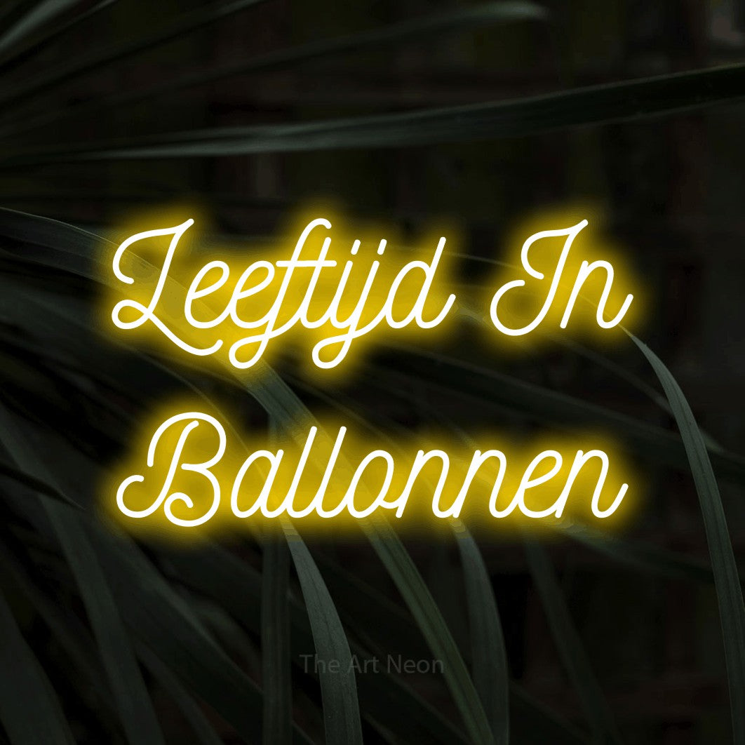 LED neon sign reading “Leeftijd In Ballonnen”, arranged in 2 lines.