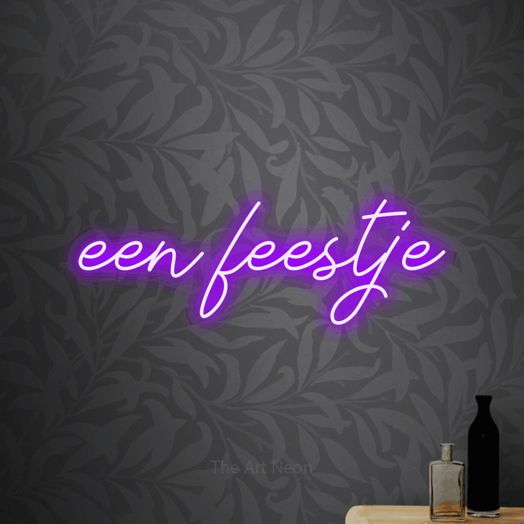 LED neon sign reading “een feestje”, arranged in a single line.