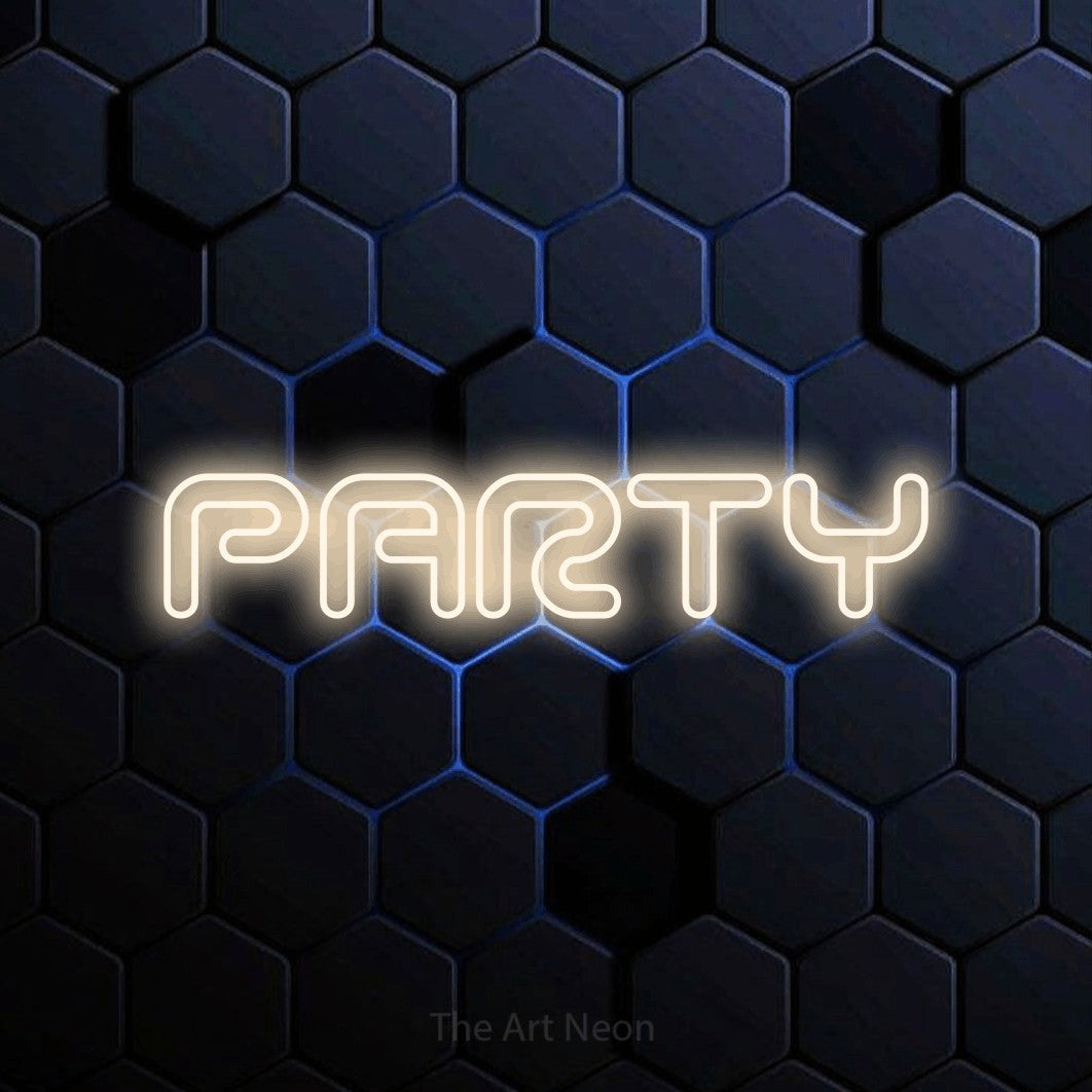 LED neon sign reading “PARTY”, arranged in a single line.