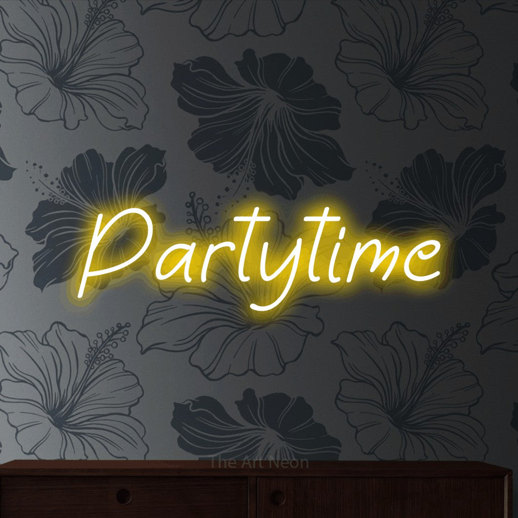 LED neon sign reading “Partytime”, arranged in a single line.