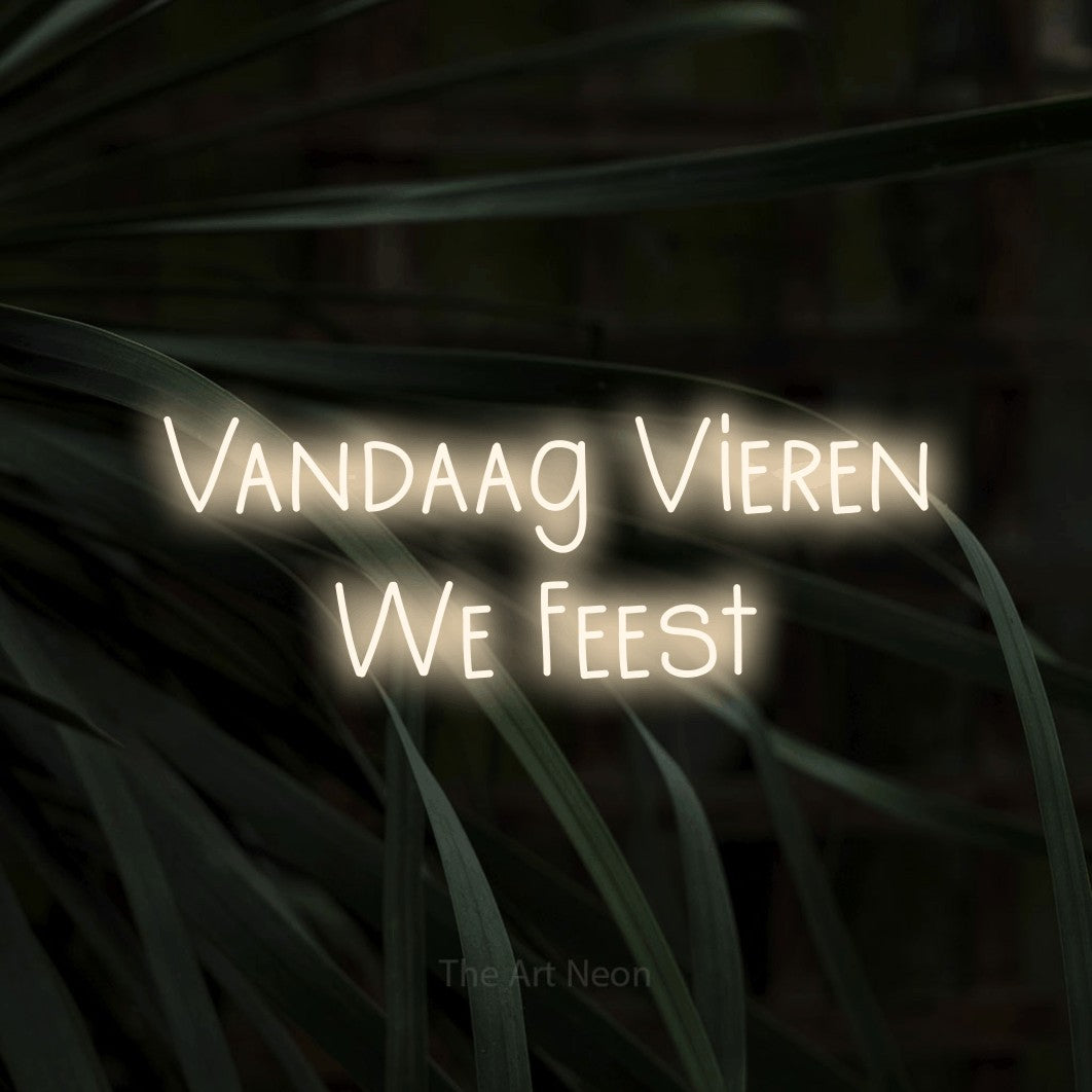 LED neon sign reading “Vandaag Vieren We Feest”, arranged in 2 lines.