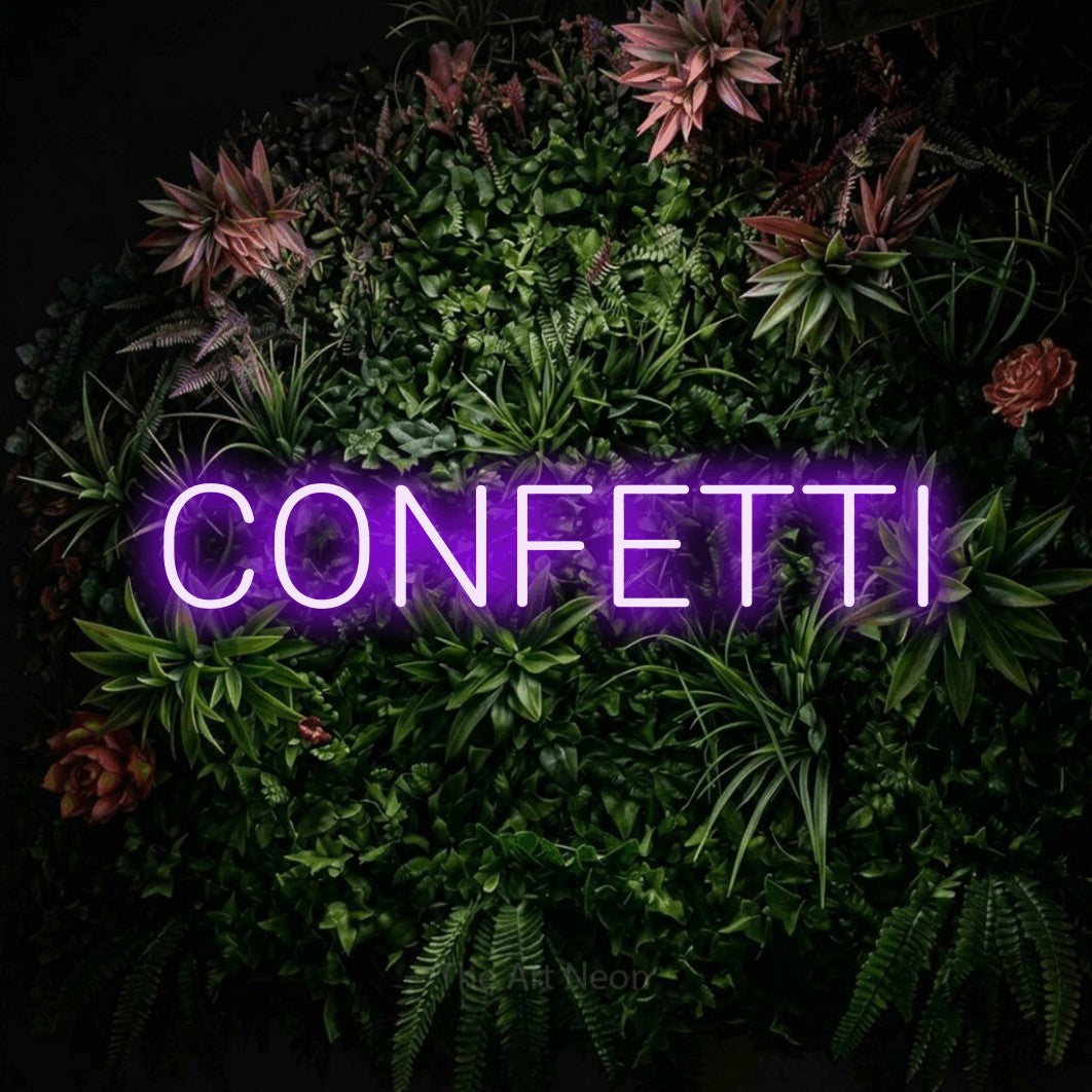 LED neon sign reading “CONFETTI”, arranged in a single line.