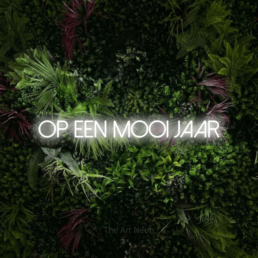 LED neon sign reading “Op Een Mooi Jaar”, arranged in a single line.
