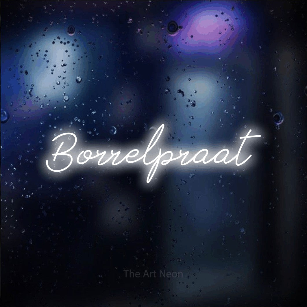LED neon sign reading “Borrelpraat”, arranged in a single line.