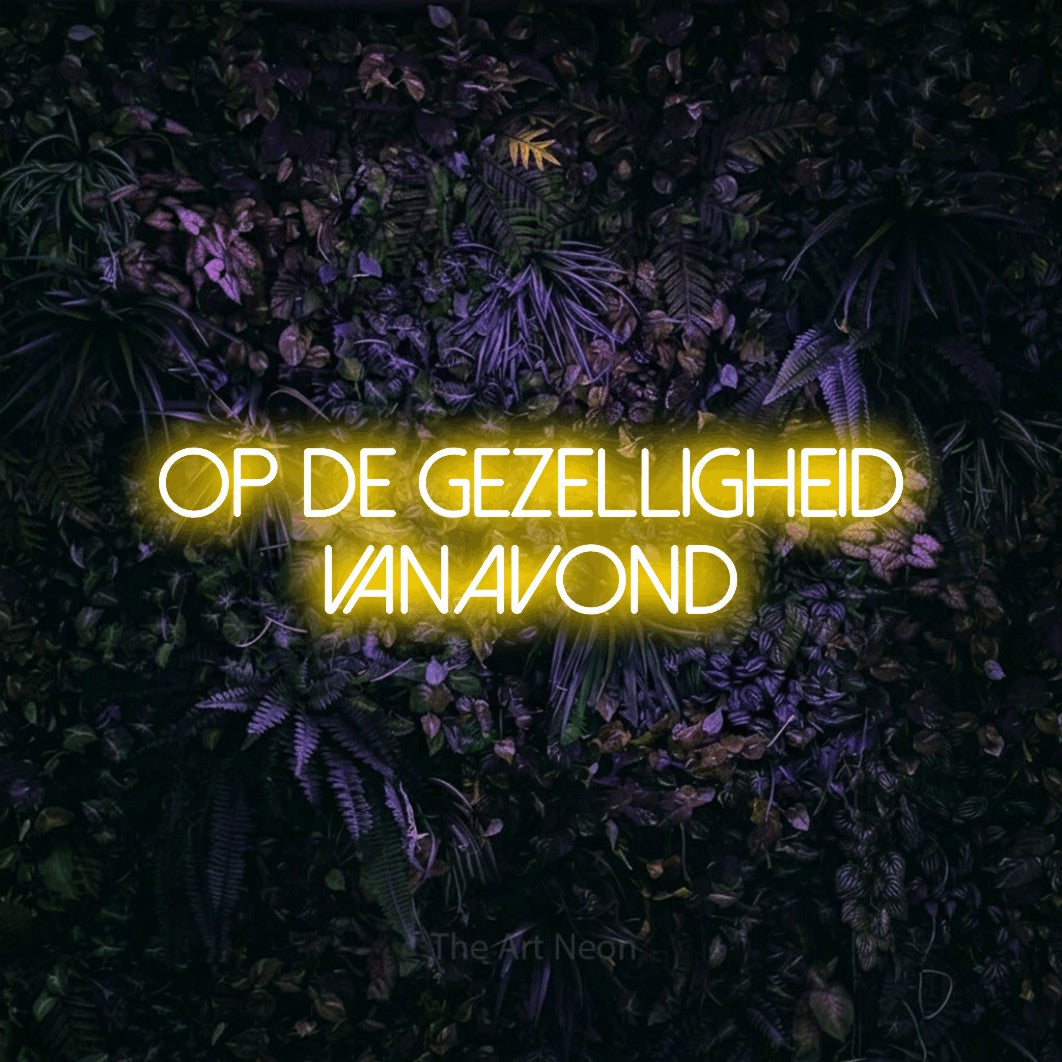 LED neon sign reading “op de gezelligheid vanavond”, arranged in 2 lines.