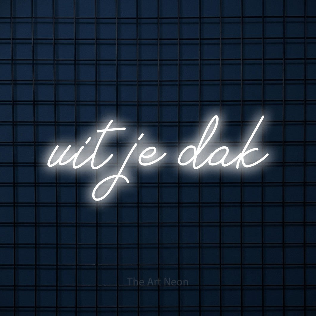 LED neon sign reading “uit je dak”, arranged in a single line.