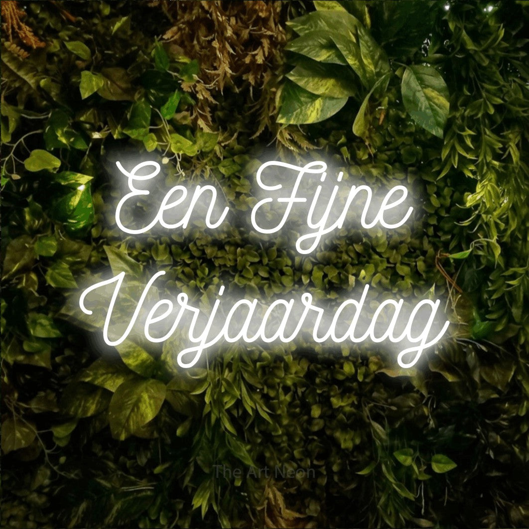 LED neon sign reading “Een Fijne Verjaardag”, arranged in 2 lines.