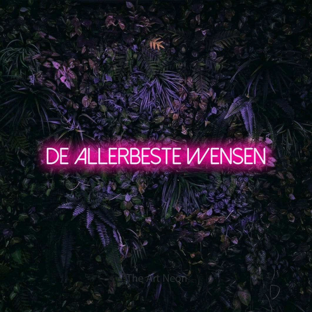 LED neon sign reading “De Allerbeste Wensen”, arranged in a single line.