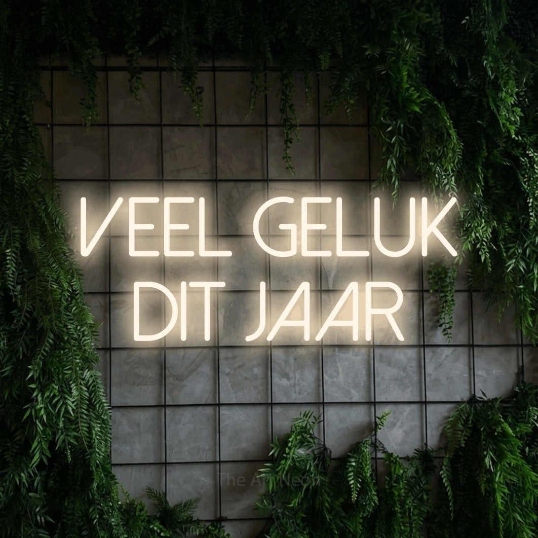 LED neon sign reading “VEEL GELUK DIT JAAR”, arranged in 2 lines.