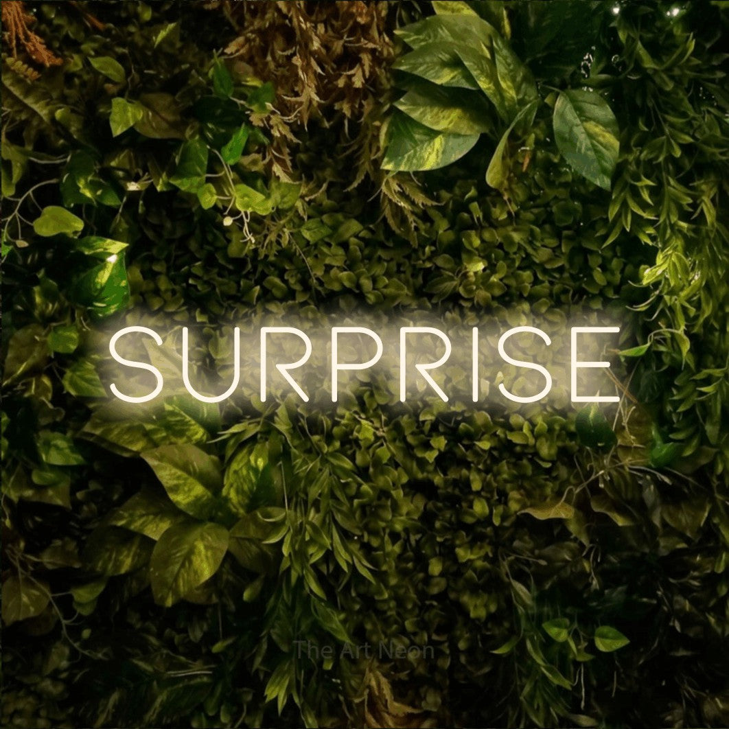 LED neon sign reading “Surprise”, arranged in a single line.