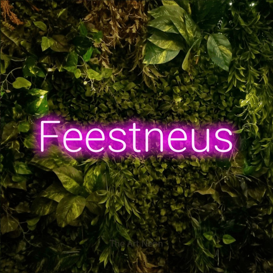 LED neon sign reading “Feestneus”, arranged in a single line.