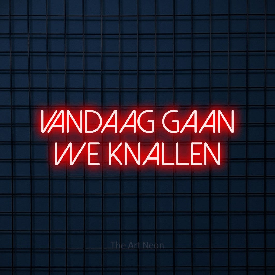 LED neon sign reading “Vandaag Gaan We Knallen”, arranged in 2 lines.