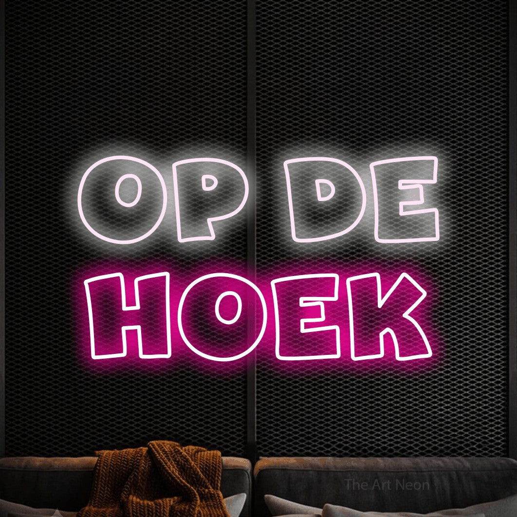 LED neon sign reading “OP de hoek”, arranged in 2 lines.