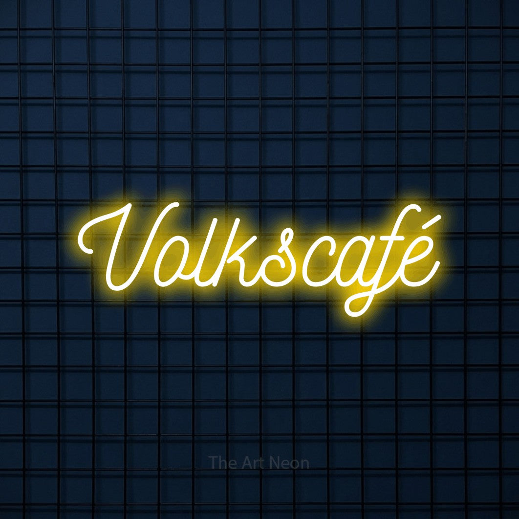 LED neon sign reading “Volkscafé”, arranged in a single line.