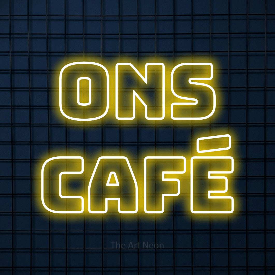 LED neon sign reading “Ons Café”, arranged in 2 lines.