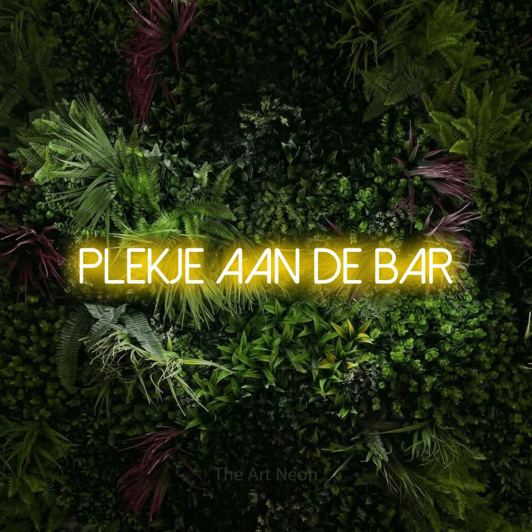 LED neon sign reading “Plekje Aan De Bar”, arranged in a single line.