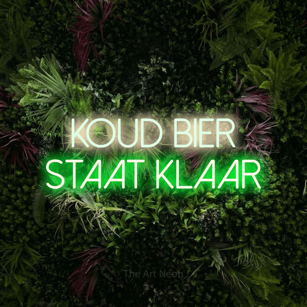 LED neon sign reading “Koud Bier Staat Klaar”, arranged in 2 lines.
