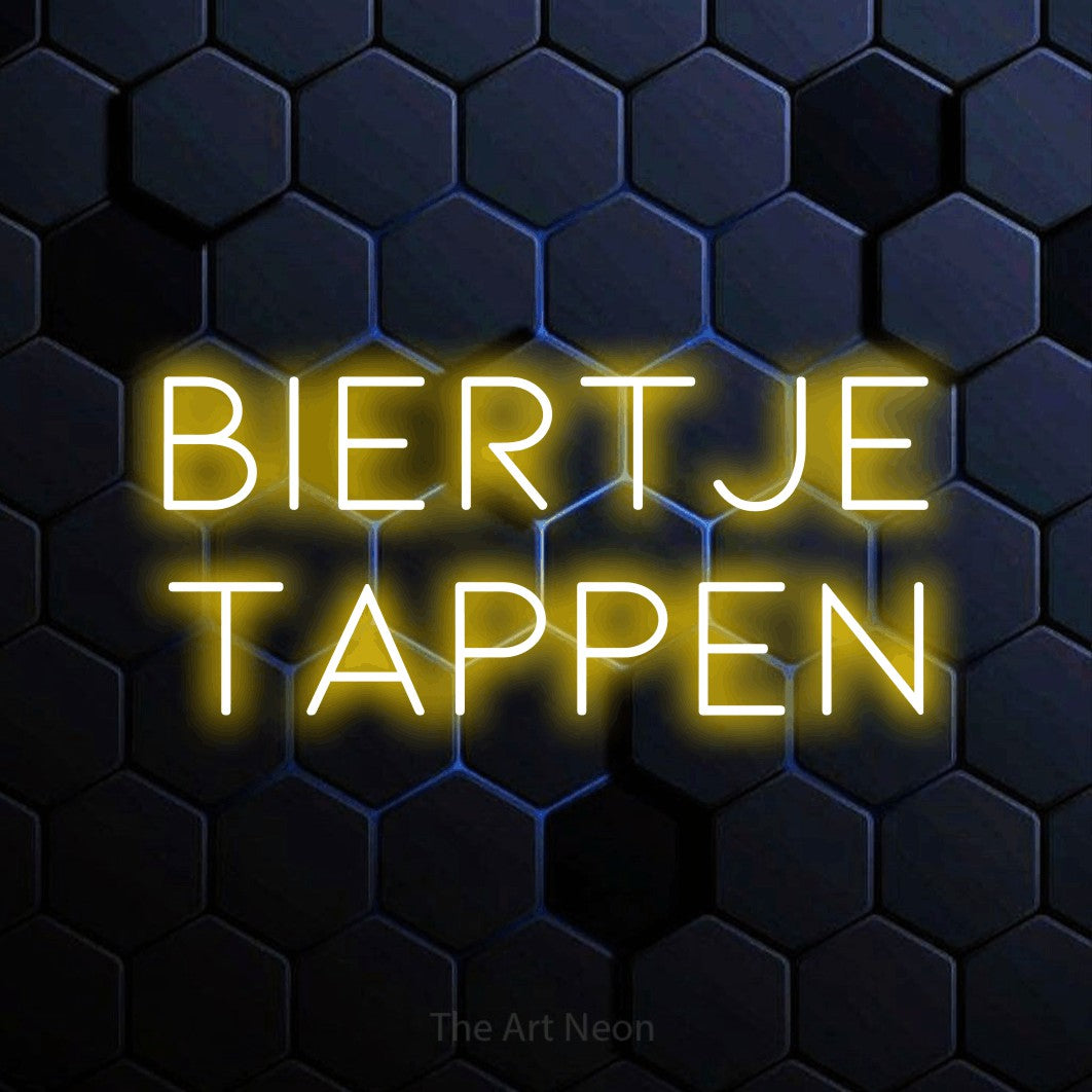 LED neon sign reading “biertje tappen”, arranged in 2 lines.