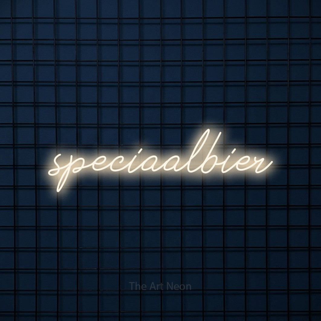 LED neon sign reading “speciaalbier”, arranged in a single line.