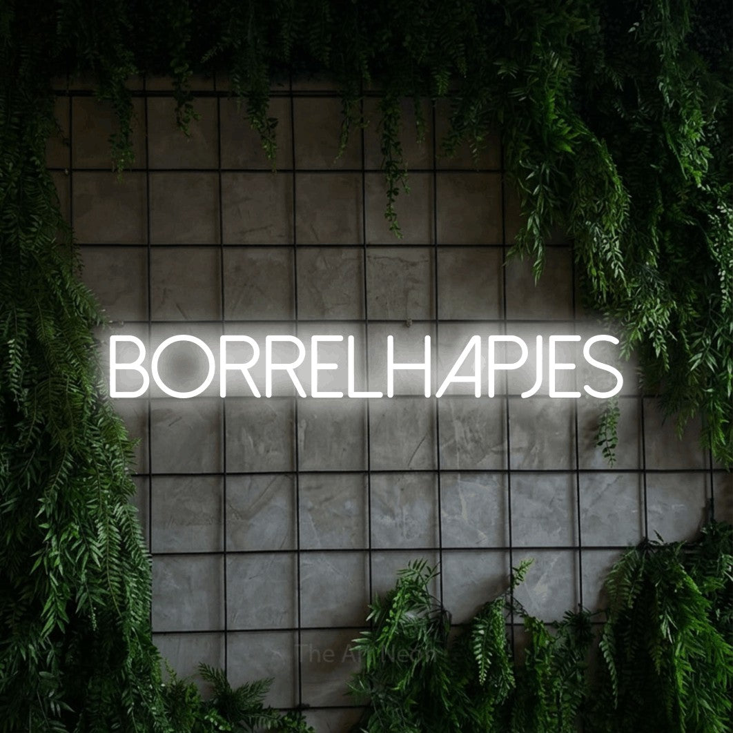 LED neon sign reading “BORRELHAPJES”, arranged in a single line.