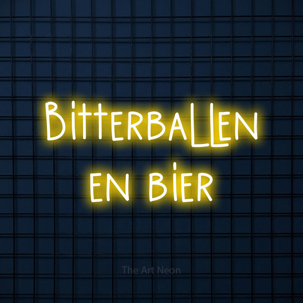LED neon sign reading “Bitterballen en bier”, arranged in 2 lines.