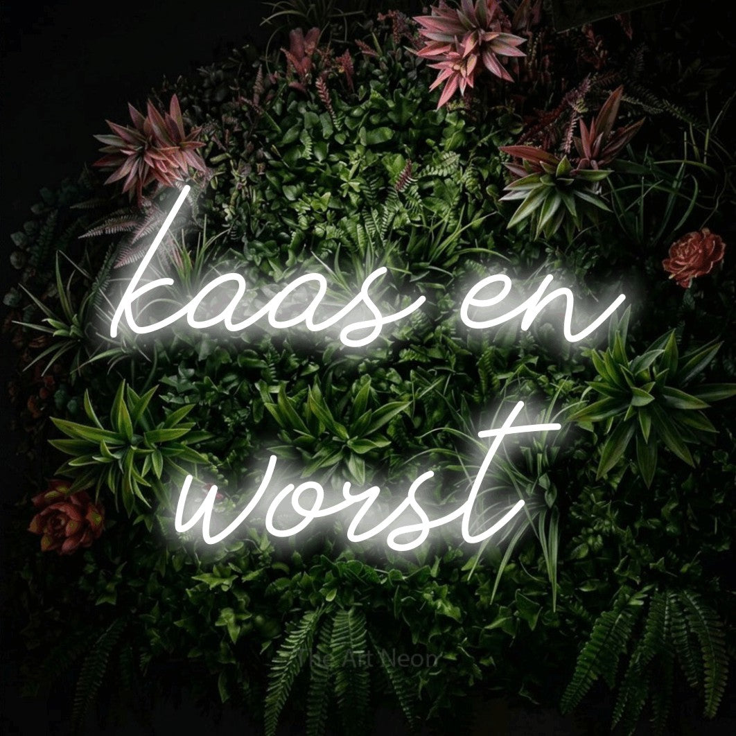 LED neon sign reading “kaas en worst”, arranged in 2 lines.