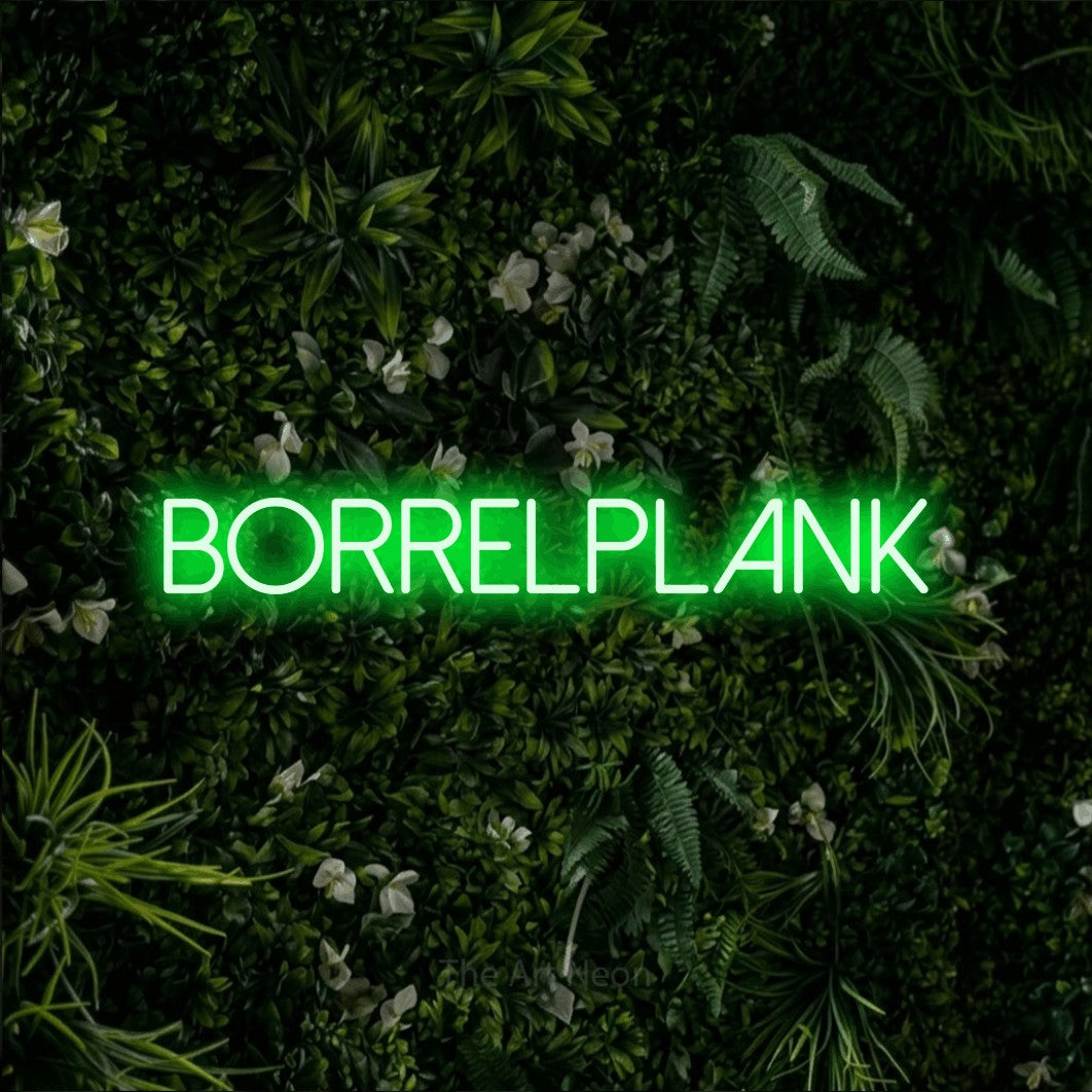 LED neon sign reading “BORRELPLANK”, arranged in a single line.