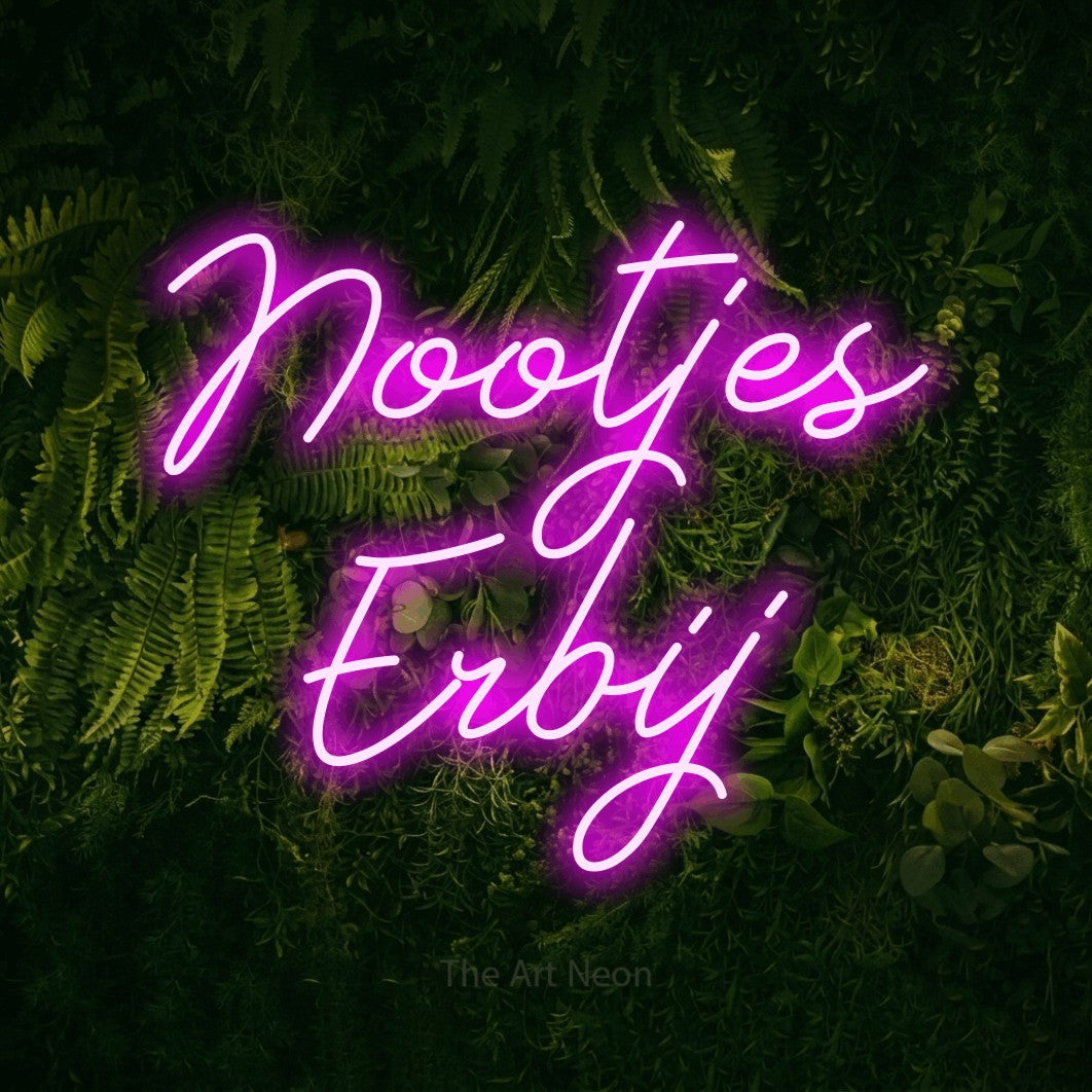 LED neon sign reading “Nootjes Erbij”, arranged in 2 lines.
