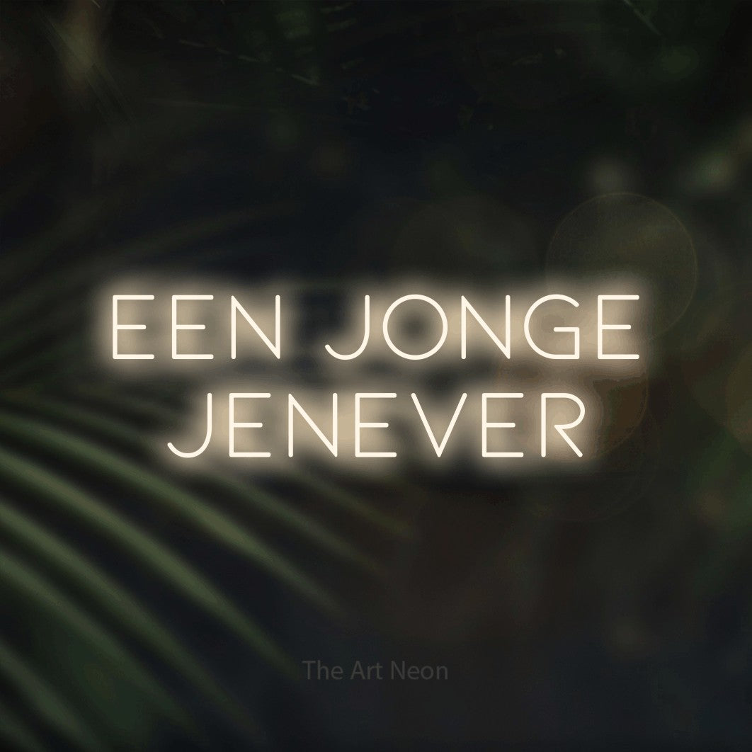 LED neon sign reading “Een Jonge Jenever”, arranged in 2 lines.