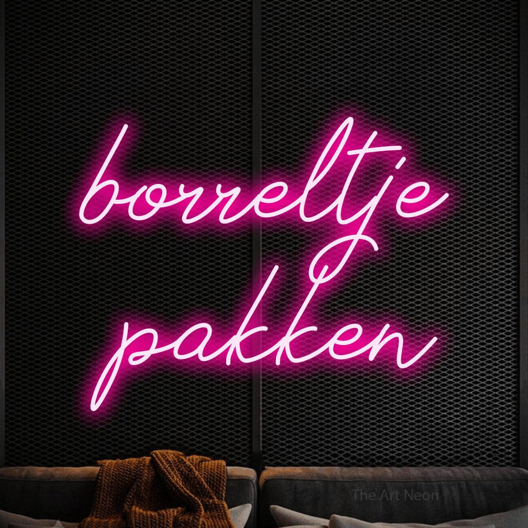 LED neon sign reading “borreltje pakken”, arranged in 2 lines.
