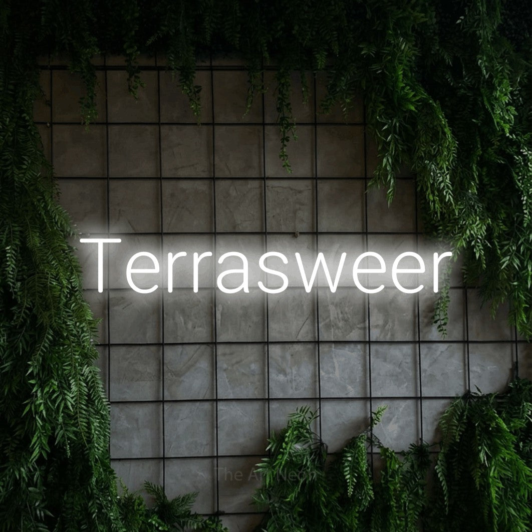 LED neon sign reading “Terrasweer”, arranged in a single line.