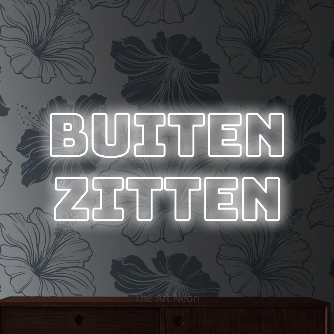 LED neon sign reading “Buiten Zitten”, arranged in 2 lines.