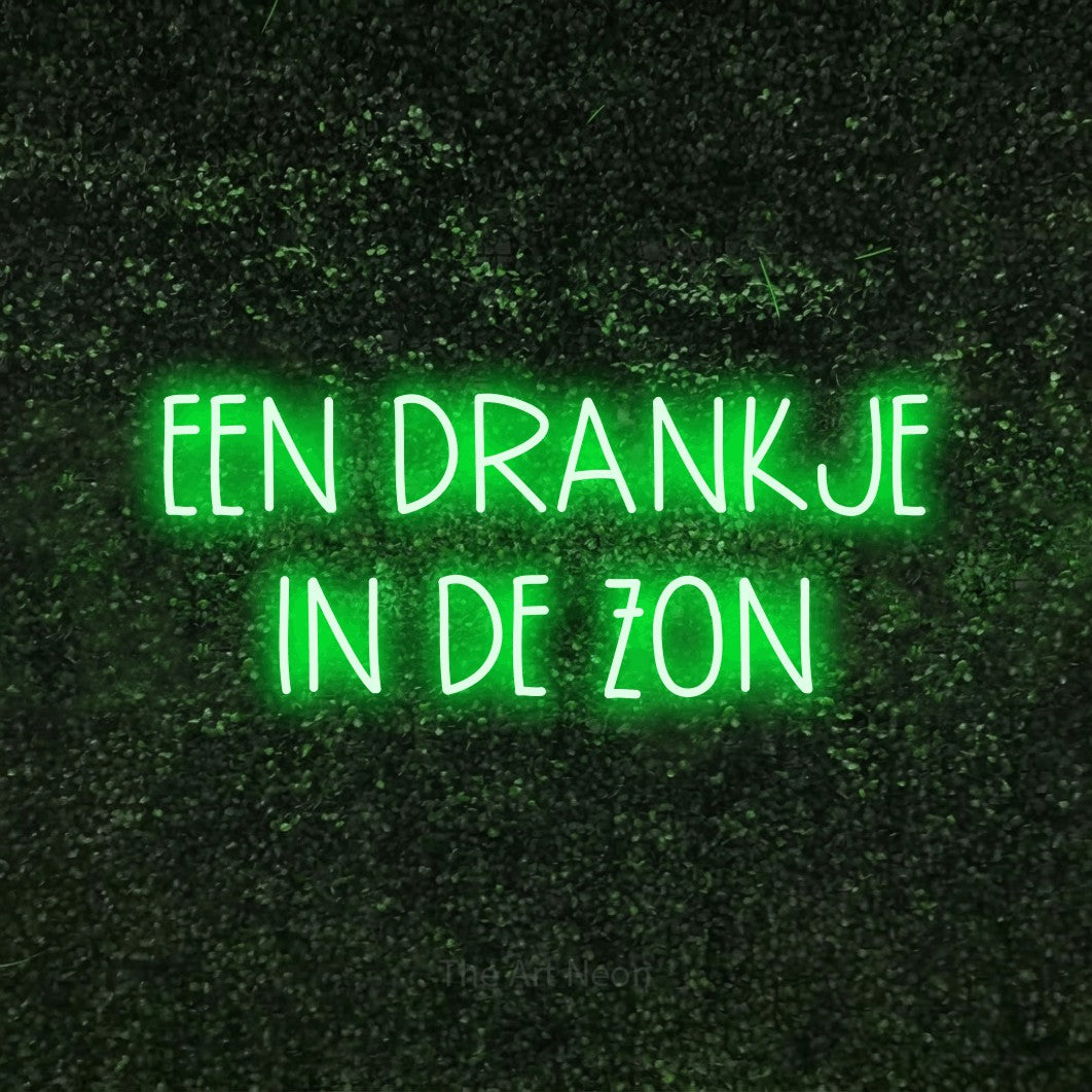 LED neon sign reading “EEN DRANKJE IN DE ZON”, arranged in 2 lines.