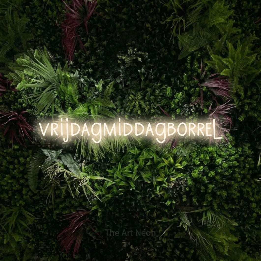 LED neon sign reading “vrijdagmiddagborrel”, arranged in a single line.