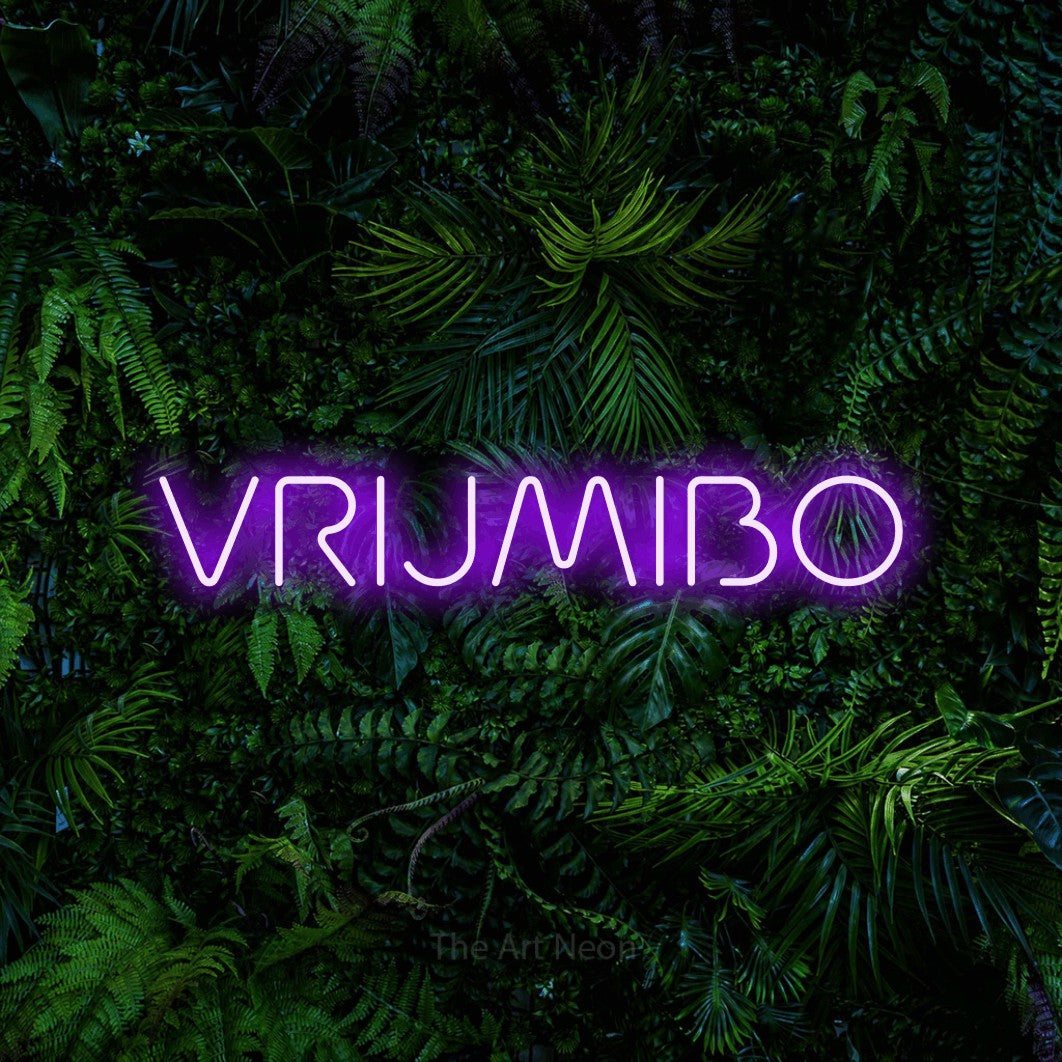 LED neon sign reading “VRIJMIBO”, arranged in a single line.