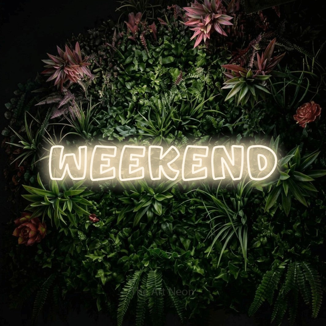 LED neon sign reading “Weekend”, arranged in a single line.