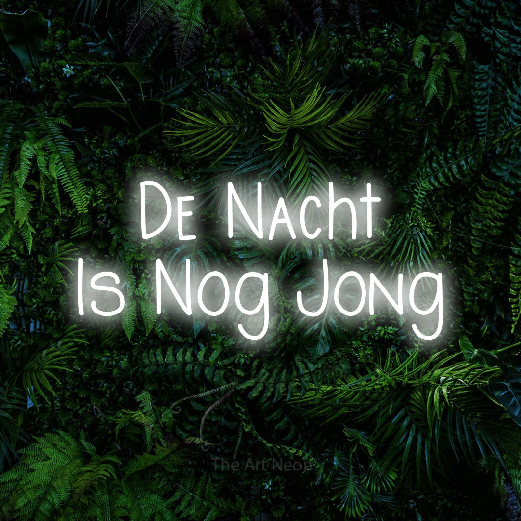 LED neon sign reading “De Nacht Is Nog Jong”, arranged in 2 lines.