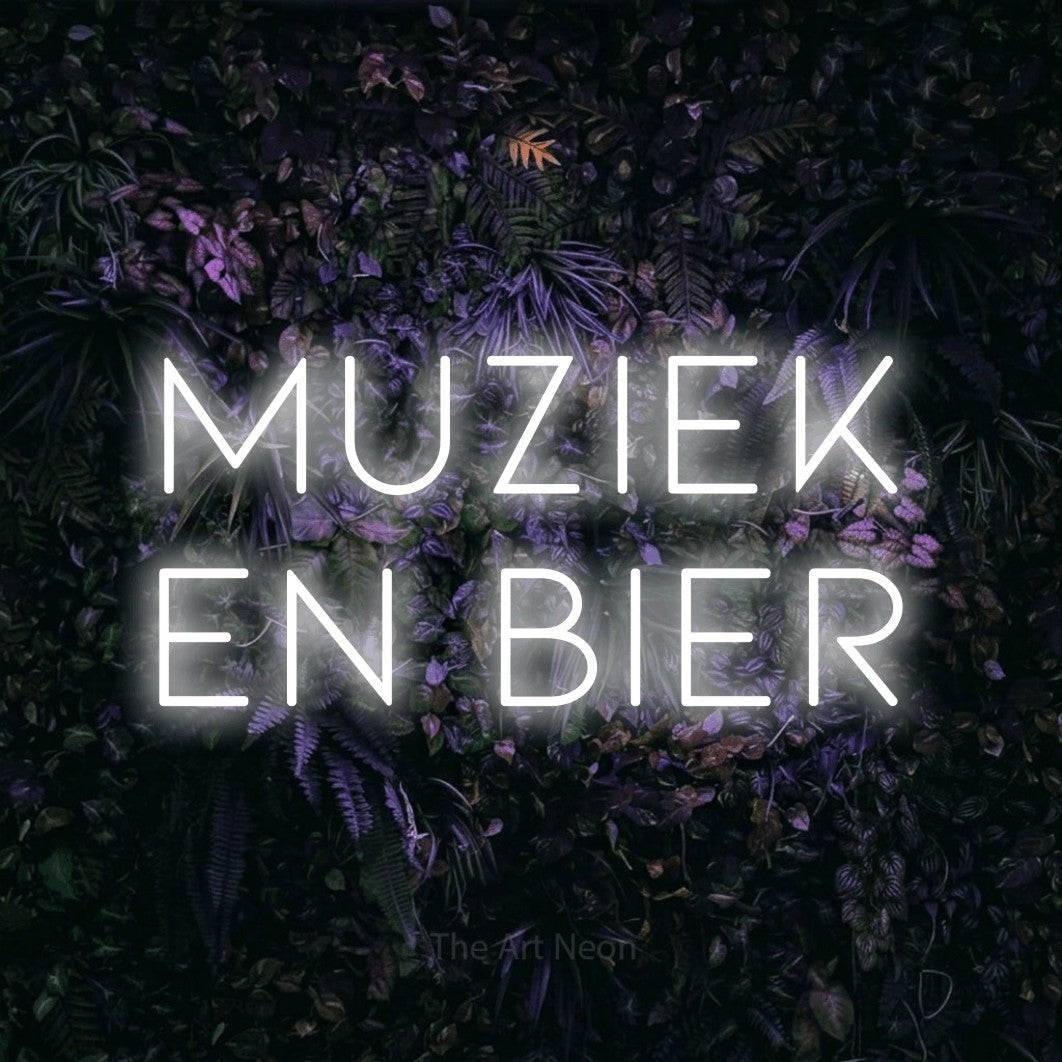 LED neon sign reading “Muziek En Bier”, arranged in 2 lines.