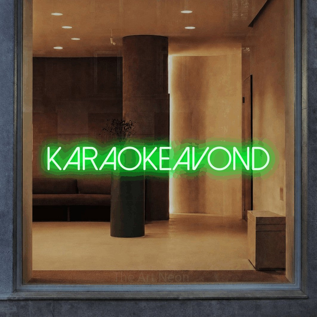 LED neon sign reading “karaokeavond”, arranged in a single line.
