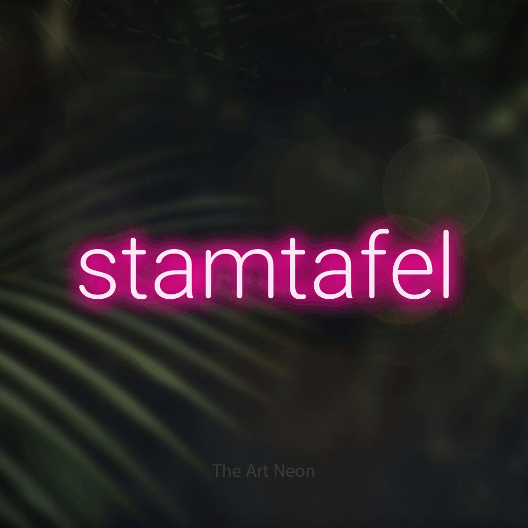 LED neon sign reading “stamtafel”, arranged in a single line.