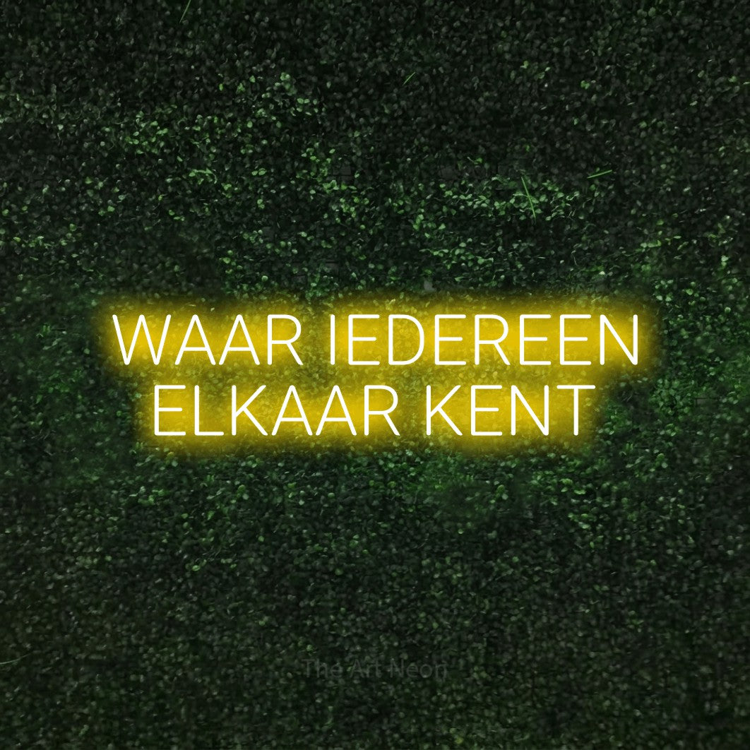LED neon sign reading “WAAR IEDEREEN ELKAAR KENT”, arranged in 2 lines.