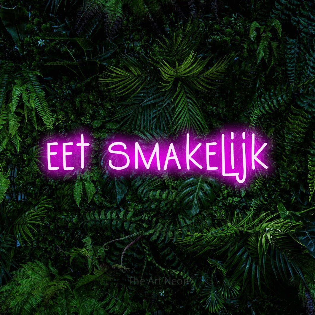 LED neon sign reading “eet smakelijk”, arranged in a single line.